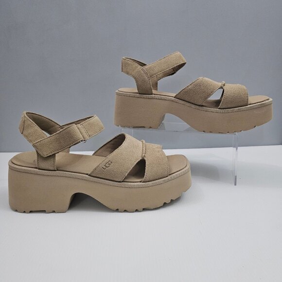 NEW UGG New Heights Sandal Womens 12 Tan Suede Platform Chunky Wedge Ankle Strap - Picture 3 of 14